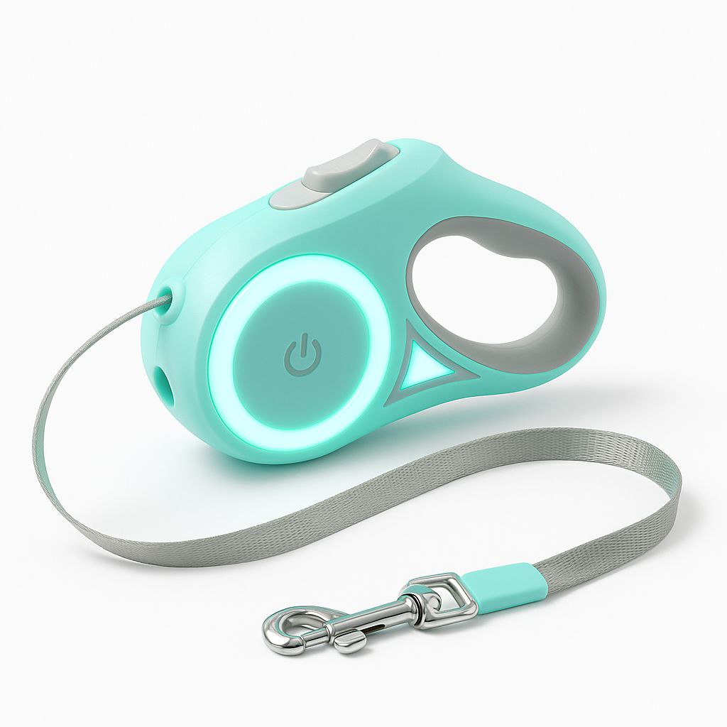 Mint green retractable dog leash with LED light on a white background