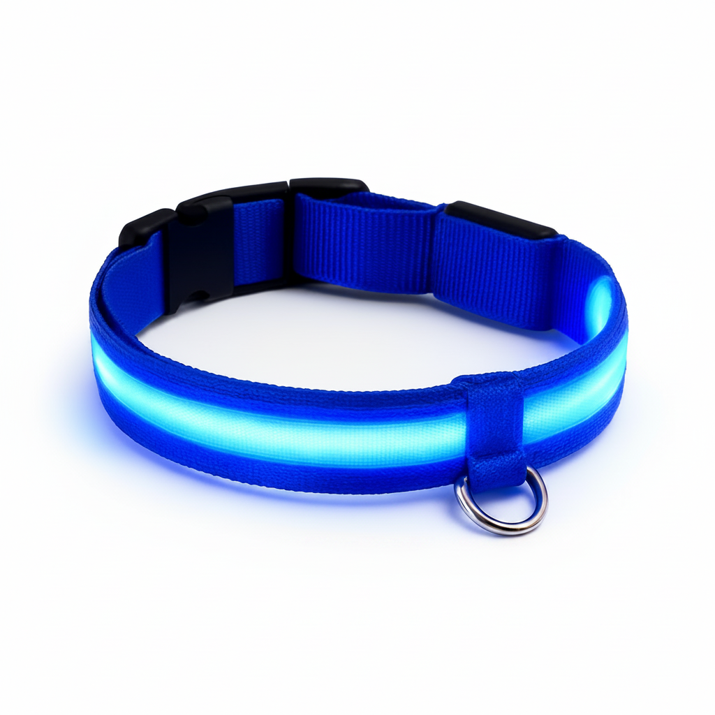 Blue LED Dog Collar on White Background