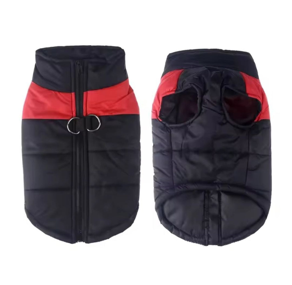 Black and red dog coat on a white background