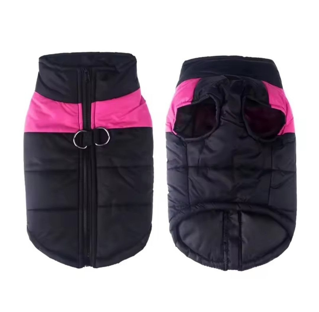 Black and pink dog coat on a white background
