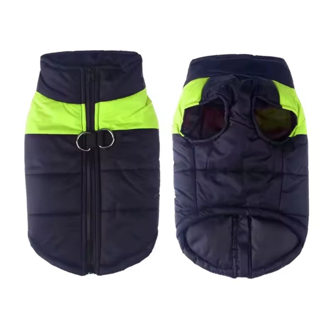 Navy blue and green dog coat on a white background