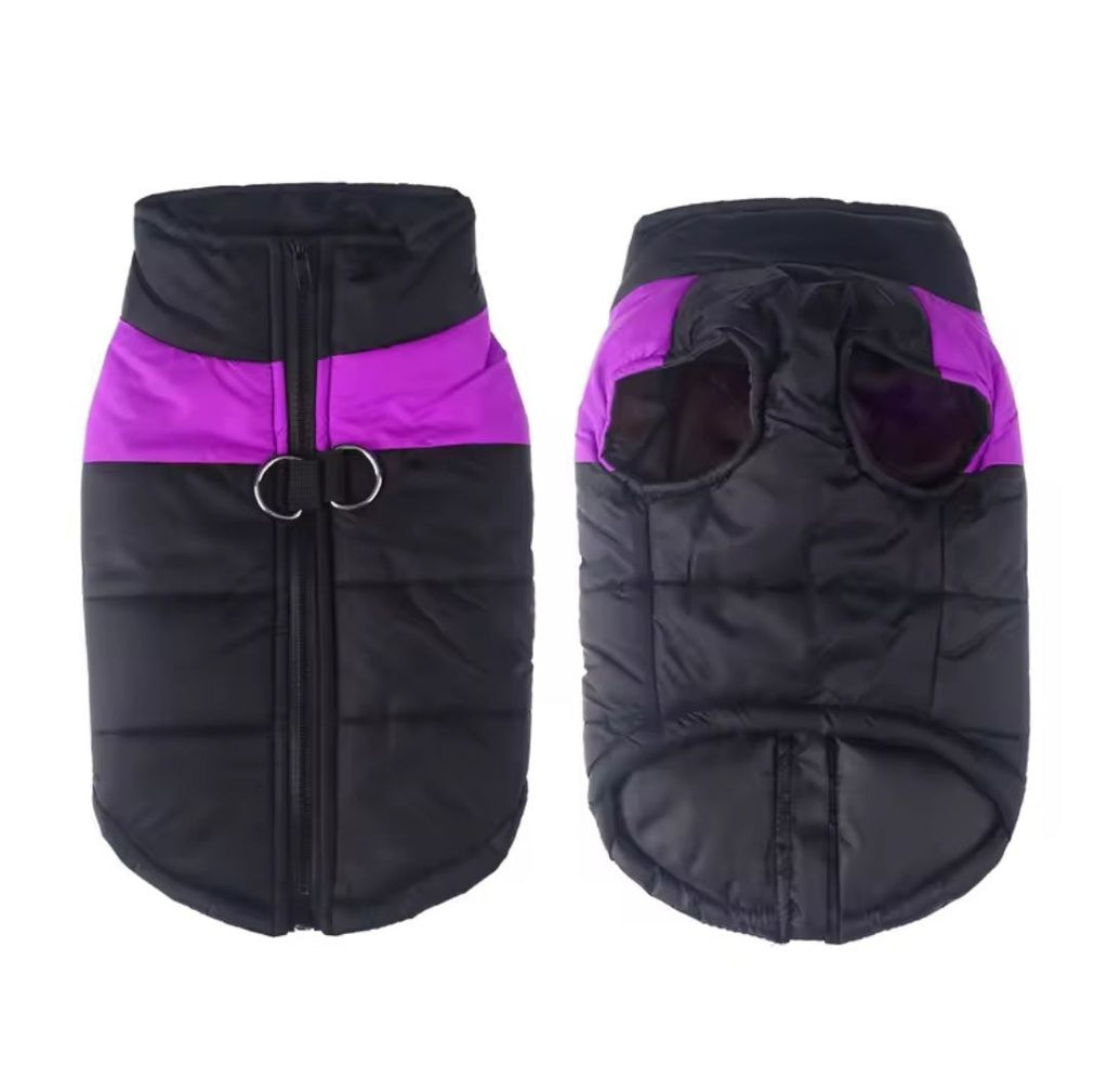 Black and purple dog coat on a white background