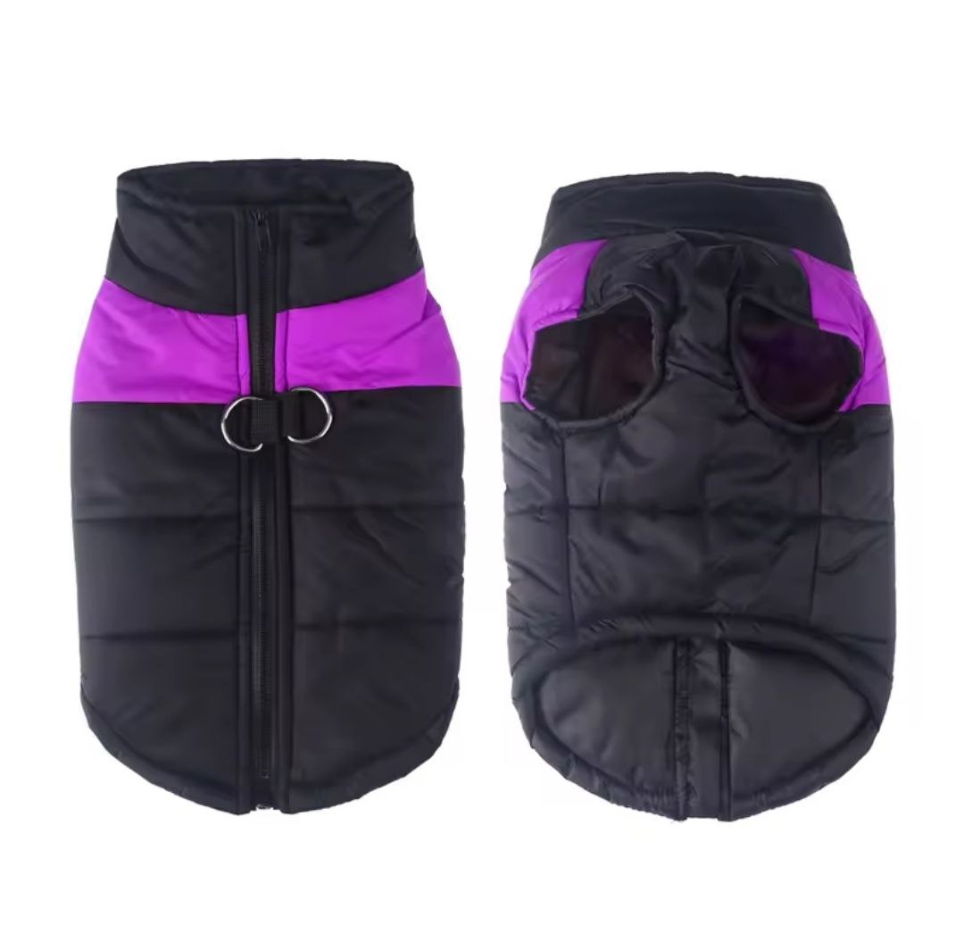 Black and purple dog coat on a white background