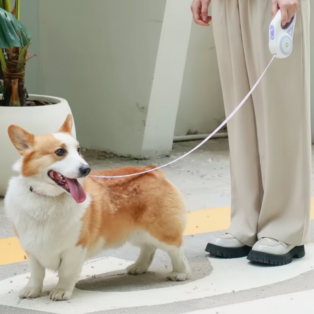 Corgi dog on a leash with a person in beige pants and black shoes, standing on a concrete surface.