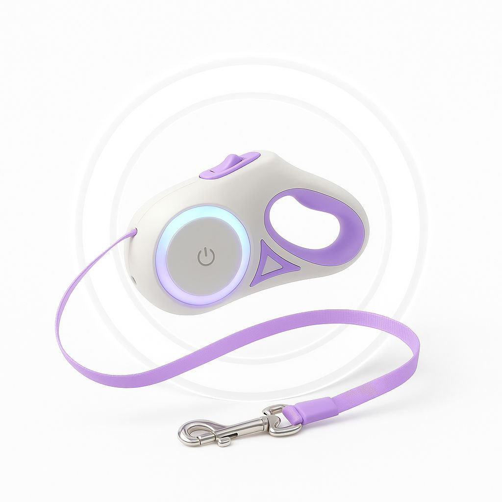 Retractable dog leash with purple handle and white body on a light gray background
