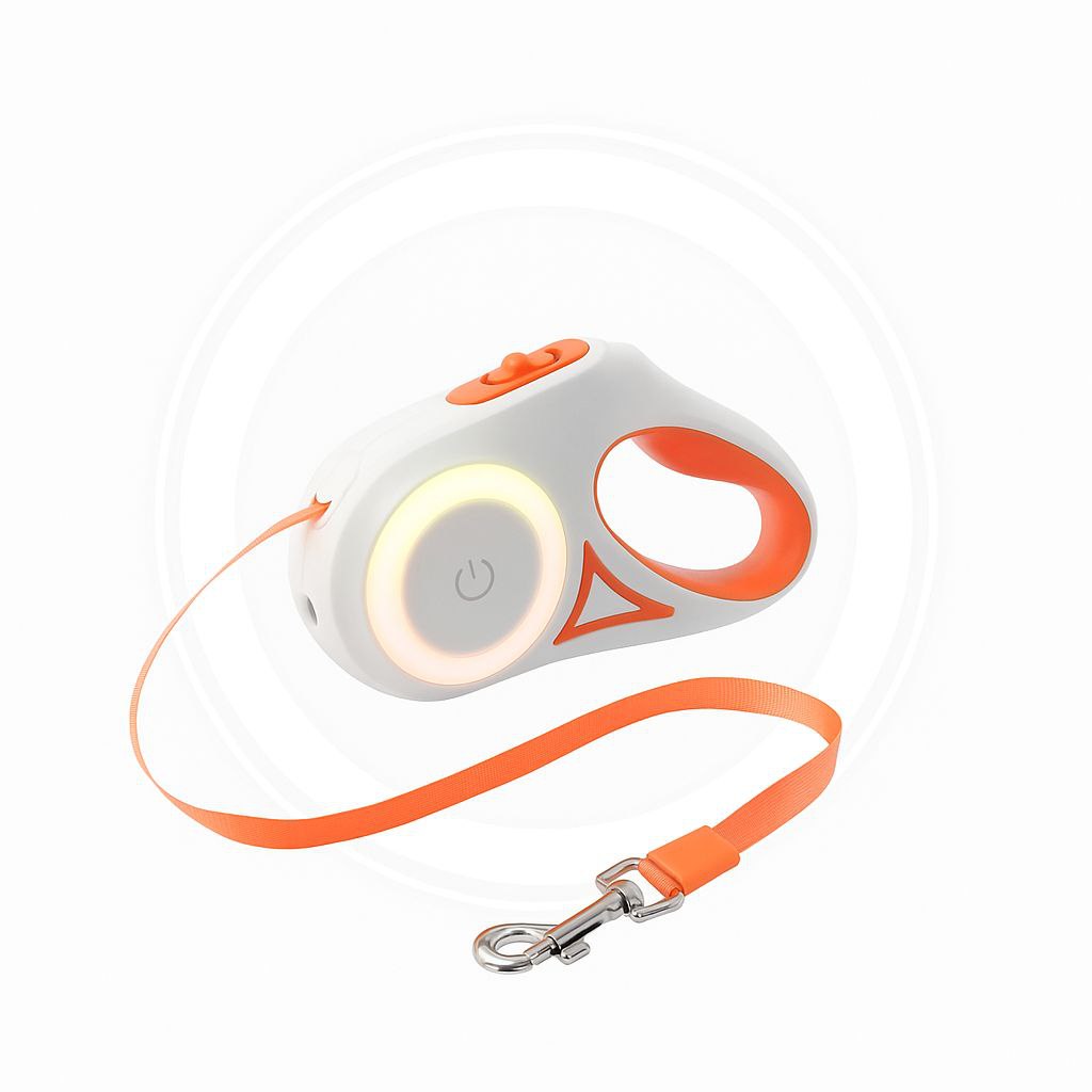 Retractable dog leash with white and orange handle on a white background